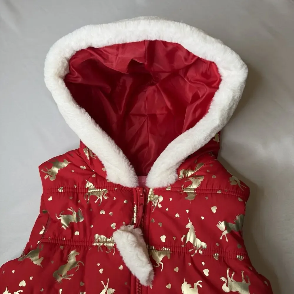 Isaac Mizrahi Girls Quilted Hooded Vest Red Metallic Unicorns Med 7-8 Faux Fur